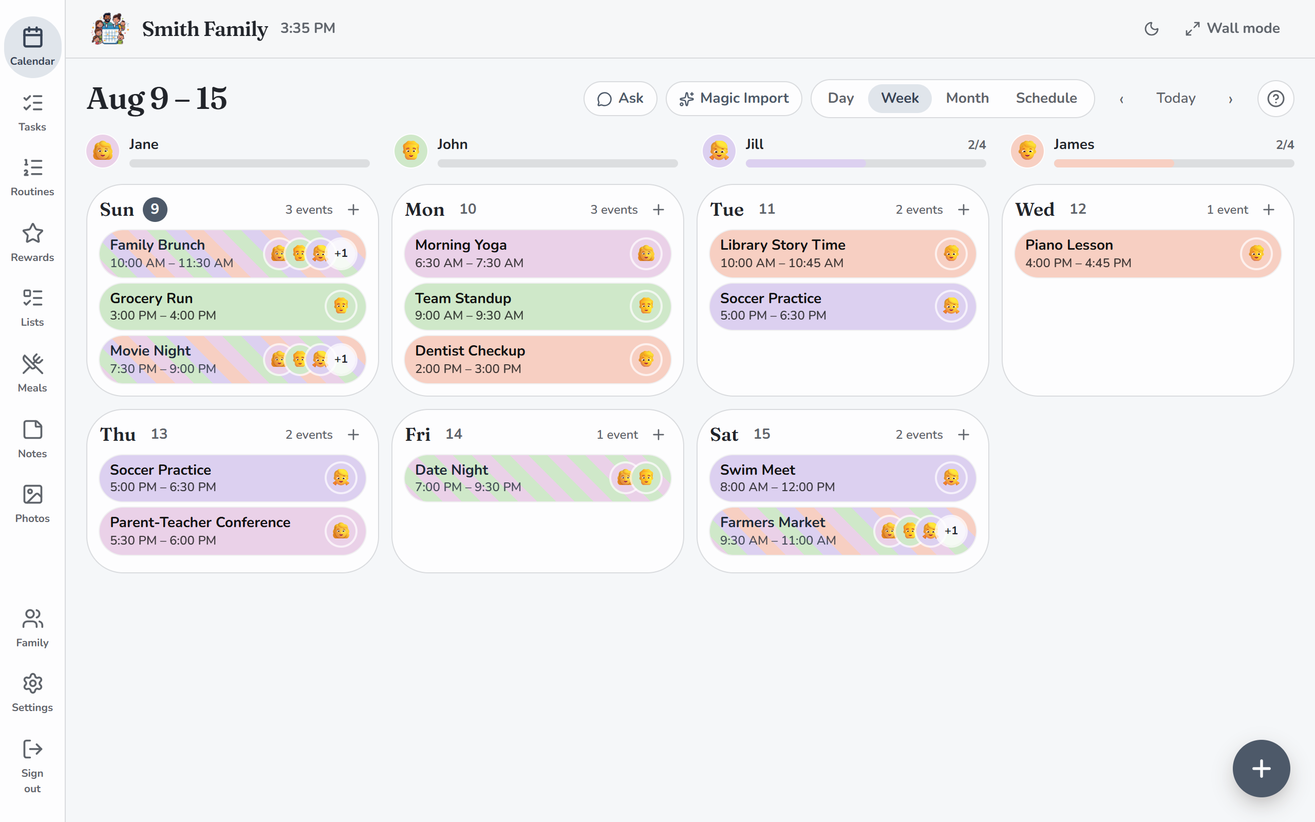 The Family Harmony shared calendar, week view color-coded per family member