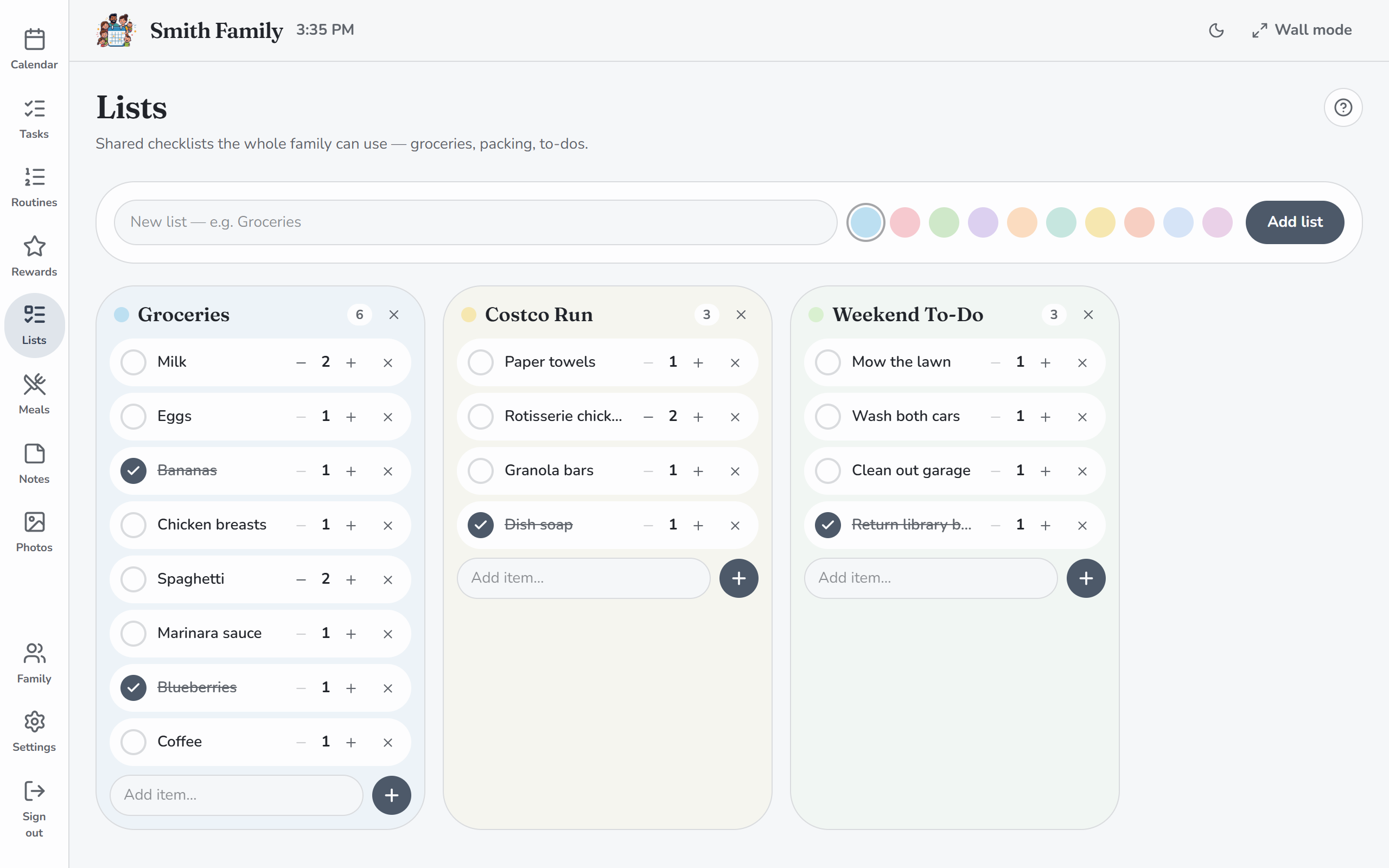 Shared lists everyone can add to and check off live.